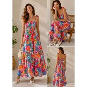 Baltic Born Maxi Dress Size M Tropical Santana Smocked Tiered Sundress Vacation